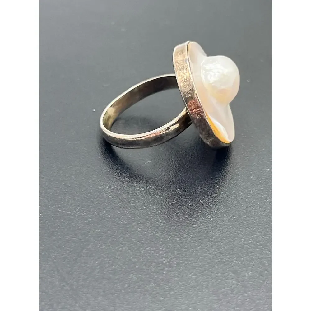 Sterling‎ Silver Natural White Blister Pearl Shell Round Ring 8.5